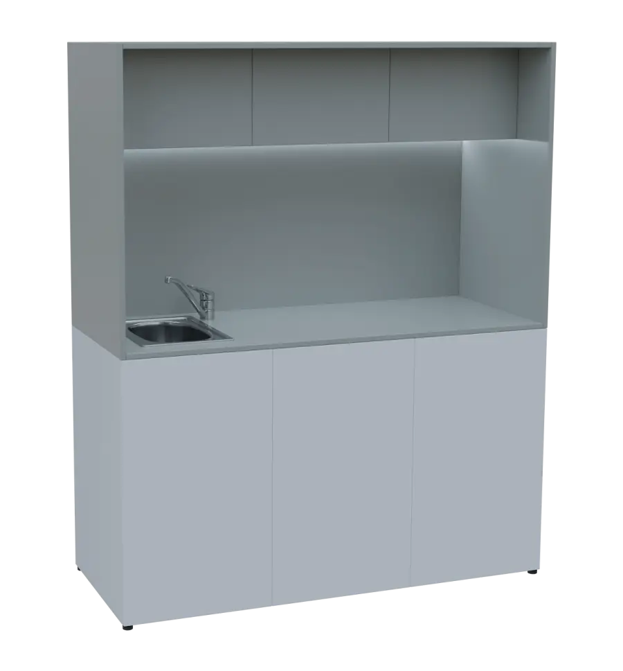 KUCH - CUBE 3 kuchyňka, vybavení - dřez + baterie + lednice, 1800x1480x600 mm, LED osvětlení, horní výklopné skříňky, bílá/šedá