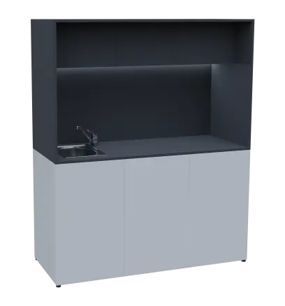 KUCH - CUBE 3 kuchyňka, vybavení - dřez + baterie + lednice, 1800x1480x600 mm, LED osvětlení, horní výklopné skříňky, bílá/antracit