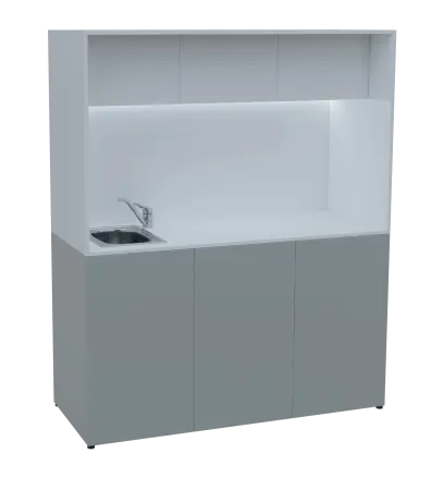 KUCH - CUBE 3 kuchyňka, vybavení - dřez + baterie + lednice, 1800x1480x600 mm, LED osvětlení, horní výklopné skříňky, šedá/bílá