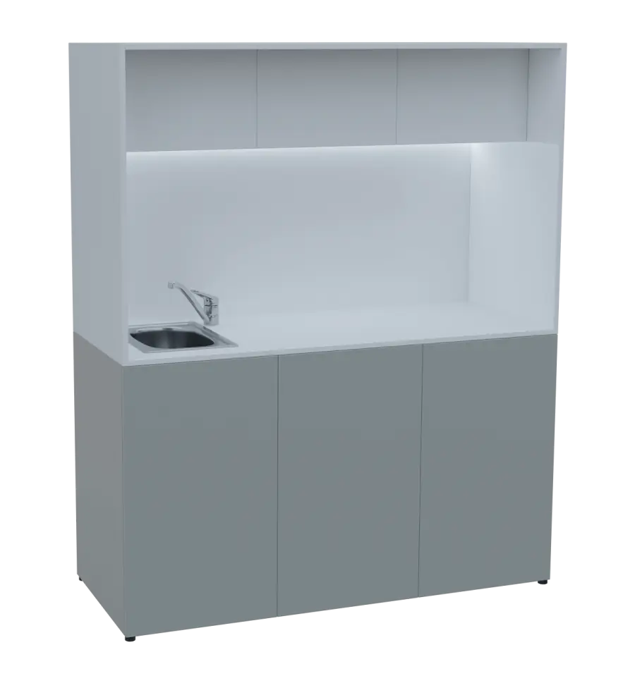 KUCH - CUBE 3 kuchyňka, vybavení - dřez + baterie + lednice, 1800x1480x600 mm, LED osvětlení, horní výklopné skříňky, šedá/bílá