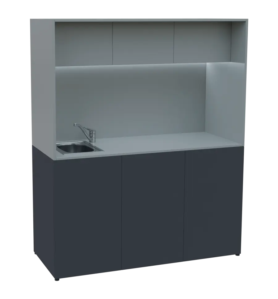 KUCH - CUBE 3 kuchyňka, vybavení - dřez + baterie + lednice, 1800x1480x600 mm, LED osvětlení, horní výklopné skříňky, antracit/šedá