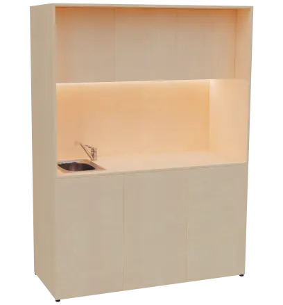 KUCH - CUBE PLUS 3 kuchyňka, vybavení - dřez + baterie, 2000x1480x600 mm, LED osvětlení, dvířka, bříza irská