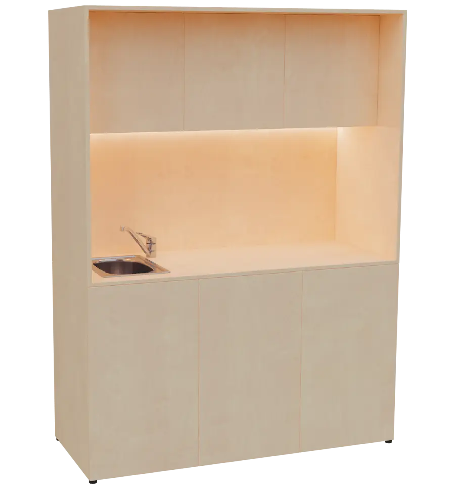 KUCH - CUBE PLUS 3 kuchyňka, vybavení - dřez + baterie, 2000x1480x600 mm, LED osvětlení, dvířka, bříza irská