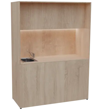 KUCH - CUBE PLUS 3 kuchyňka, vybavení - dřez + baterie, 2000x1480x600 mm, LED osvětlení, dvířka, dub bardolino