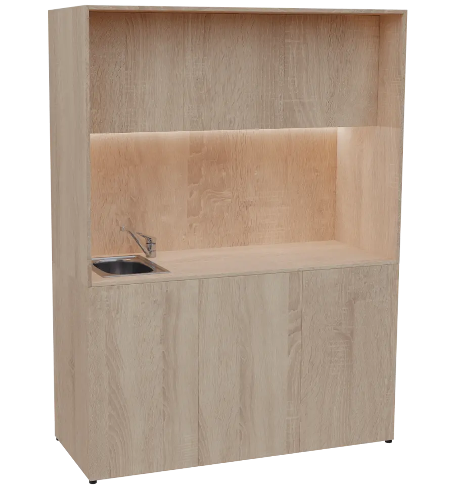 KUCH - CUBE PLUS 3 kuchyňka, vybavení - dřez + baterie, 2000x1480x600 mm, LED osvětlení, dvířka, dub bardolino