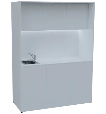 KUCH - CUBE PLUS 3 kuchyňka, vybavení - dřez + baterie, 2000x1480x600 mm, LED osvětlení, dvířka, bílá