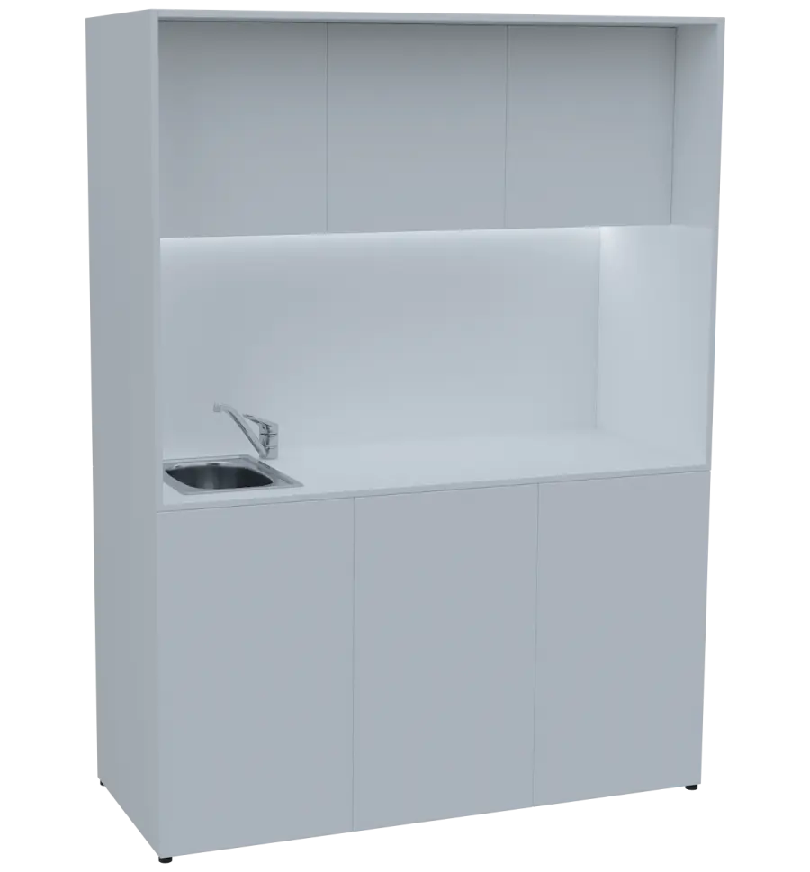 KUCH - CUBE PLUS 3 kuchyňka, vybavení - dřez + baterie, 2000x1480x600 mm, LED osvětlení, dvířka, bílá