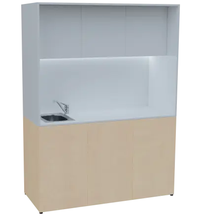 KUCH - CUBE PLUS 3 kuchyňka, vybavení - dřez + baterie, 2000x1480x600 mm, LED osvětlení, dvířka, bříza irská/bílá