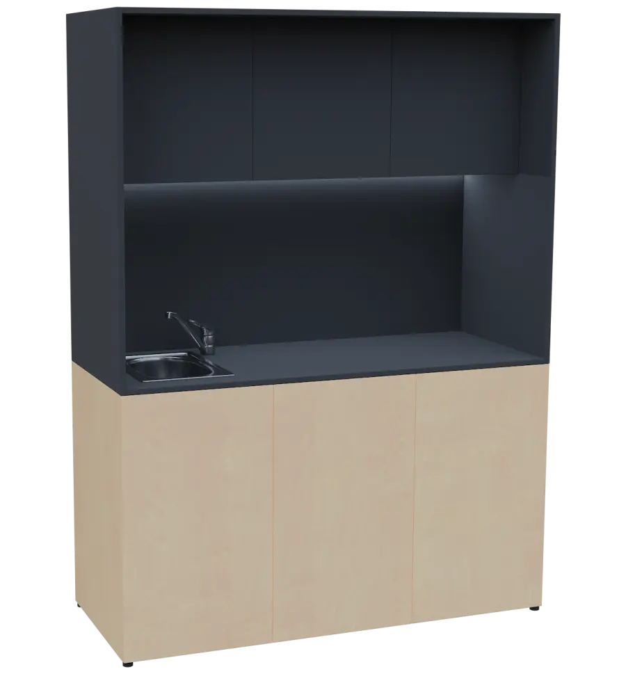 KUCH - CUBE PLUS 3 kuchyňka, vybavení - dřez + baterie, 2000x1480x600 mm, LED osvětlení, dvířka, bříza irská/antracit