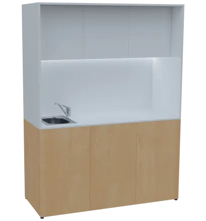 KUCH - CUBE PLUS 3 kuchyňka, vybavení - dřez + baterie, 2000x1480x600 mm, LED osvětlení, dvířka, javor horský/bílá