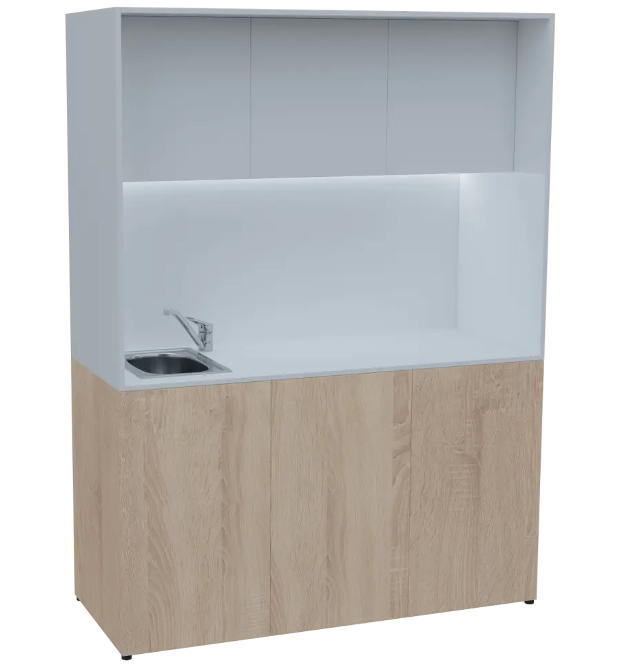 KUCH - CUBE PLUS 3 kuchyňka, vybavení - dřez + baterie, 2000x1480x600 mm, LED osvětlení, dvířka, dub bardolino/bílá