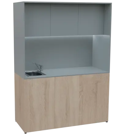 KUCH - CUBE PLUS 3 kuchyňka, vybavení - dřez + baterie, 2000x1480x600 mm, LED osvětlení, dvířka, dub bardolino/šedá