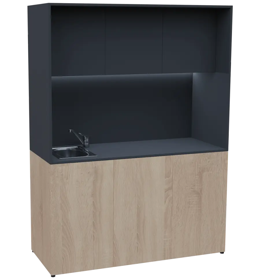 KUCH - CUBE PLUS 3 kuchyňka, vybavení - dřez + baterie, 2000x1480x600 mm, LED osvětlení, dvířka, dub bardolino/antracit