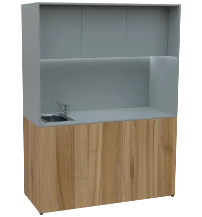 KUCH - CUBE PLUS 3 kuchyňka, vybavení - dřez + baterie, 2000x1480x600 mm, LED osvětlení, dvířka, ořech světlý/šedá