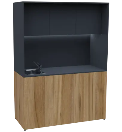 KUCH - CUBE PLUS 3 kuchyňka, vybavení - dřez + baterie, 2000x1480x600 mm, LED osvětlení, dvířka, ořech světlý/antracit