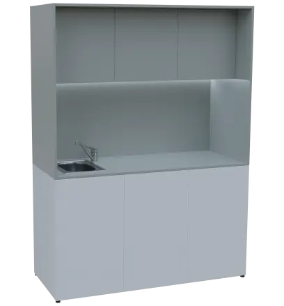 KUCH - CUBE PLUS 3 kuchyňka, vybavení - dřez + baterie, 2000x1480x600 mm, LED osvětlení, dvířka, bílá/šedá