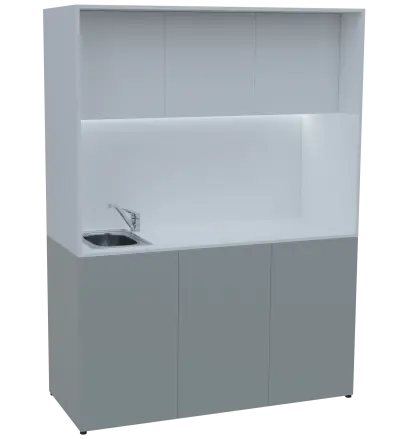 KUCH - CUBE PLUS 3 kuchyňka, vybavení - dřez + baterie, 2000x1480x600 mm, LED osvětlení, dvířka, šedá/bílá