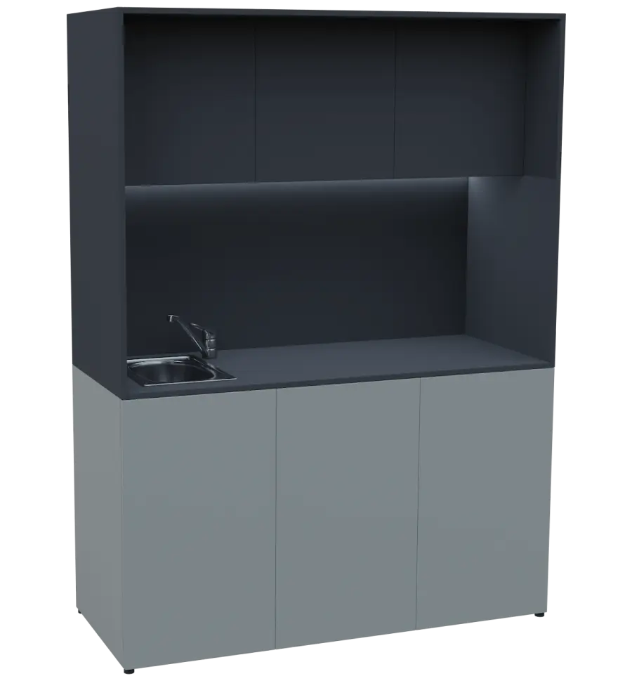 KUCH - CUBE PLUS 3 kuchyňka, vybavení - dřez + baterie, 2000x1480x600 mm, LED osvětlení, dvířka, šedá/antracit