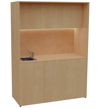 KUCH - CUBE PLUS 3 kuchyňka, vybavení - dřez + baterie + lednice, 2000x1480x600 mm, LED osvětlení, dvířka, javor horský