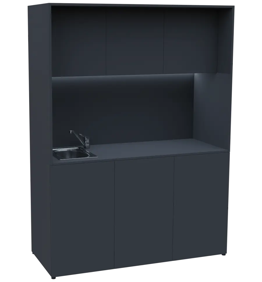KUCH - CUBE PLUS 3 kuchyňka, vybavení - dřez + baterie + lednice, 2000x1480x600 mm, LED osvětlení, dvířka, antracit
