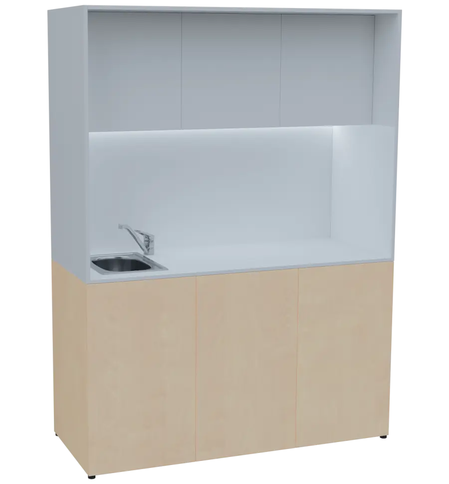 KUCH - CUBE PLUS 3 kuchyňka, vybavení - dřez + baterie + lednice, 2000x1480x600 mm, LED osvětlení, dvířka, bříza irská/bílá