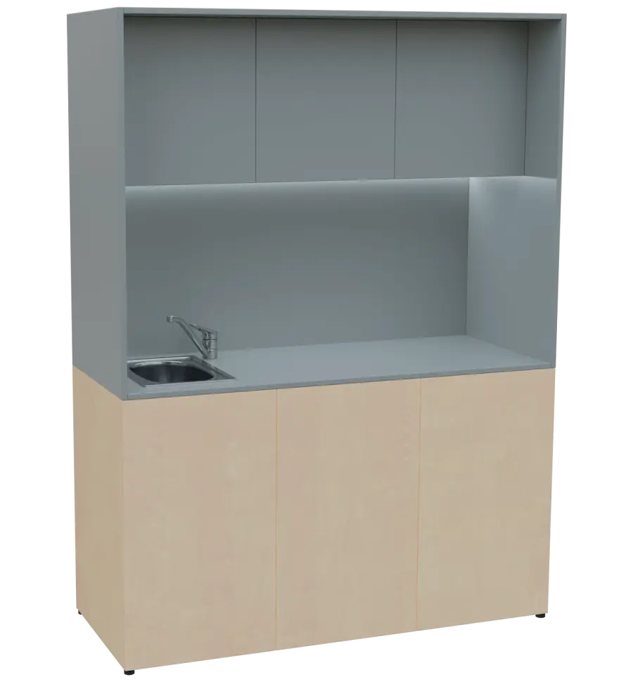 KUCH - CUBE PLUS 3 kuchyňka, vybavení - dřez + baterie + lednice, 2000x1480x600 mm, LED osvětlení, dvířka, bříza irská/šedá