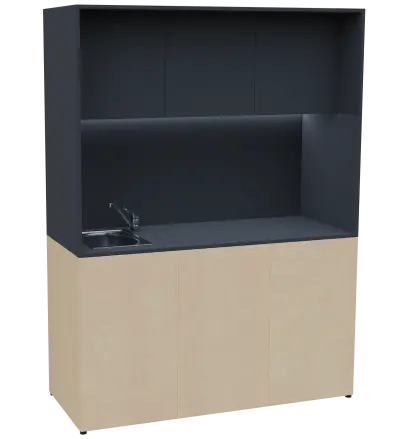 KUCH - CUBE PLUS 3 kuchyňka, vybavení - dřez + baterie + lednice, 2000x1480x600 mm, LED osvětlení, dvířka, bříza irská/antracit