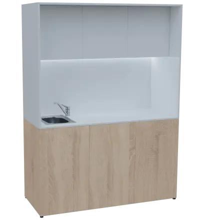 KUCH - CUBE PLUS 3 kuchyňka, vybavení - dřez + baterie + lednice, 2000x1480x600 mm, LED osvětlení, dvířka, dub bardolino/bílá