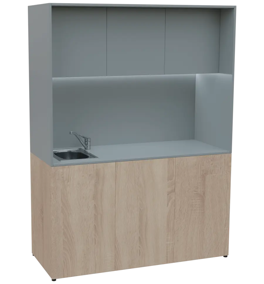 KUCH - CUBE PLUS 3 kuchyňka, vybavení - dřez + baterie + lednice, 2000x1480x600 mm, LED osvětlení, dvířka, dub bardolino/šedá