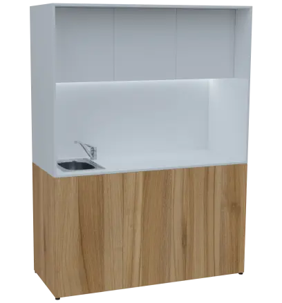 KUCH - CUBE PLUS 3 kuchyňka, vybavení - dřez + baterie + lednice, 2000x1480x600 mm, LED osvětlení, dvířka, ořech světlý/bílá