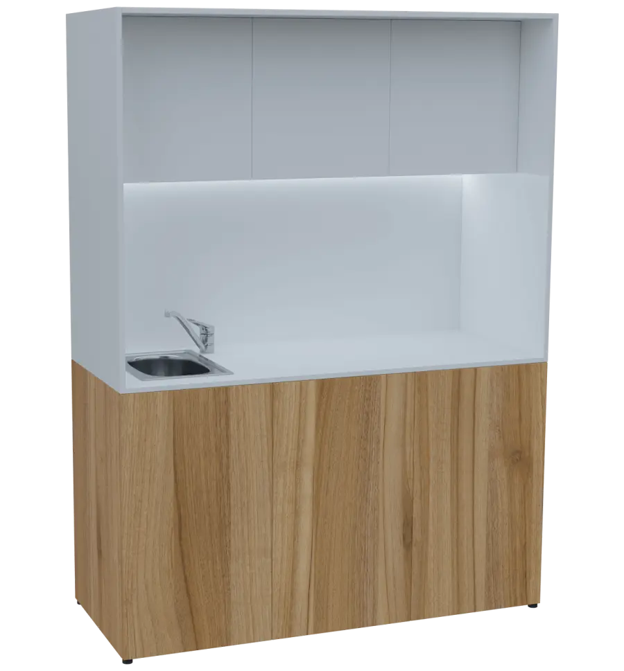 KUCH - CUBE PLUS 3 kuchyňka, vybavení - dřez + baterie + lednice, 2000x1480x600 mm, LED osvětlení, dvířka, ořech světlý/bílá