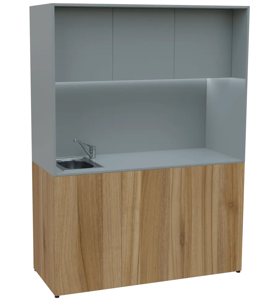 KUCH - CUBE PLUS 3 kuchyňka, vybavení - dřez + baterie + lednice, 2000x1480x600 mm, LED osvětlení, dvířka, ořech světlý/šedá