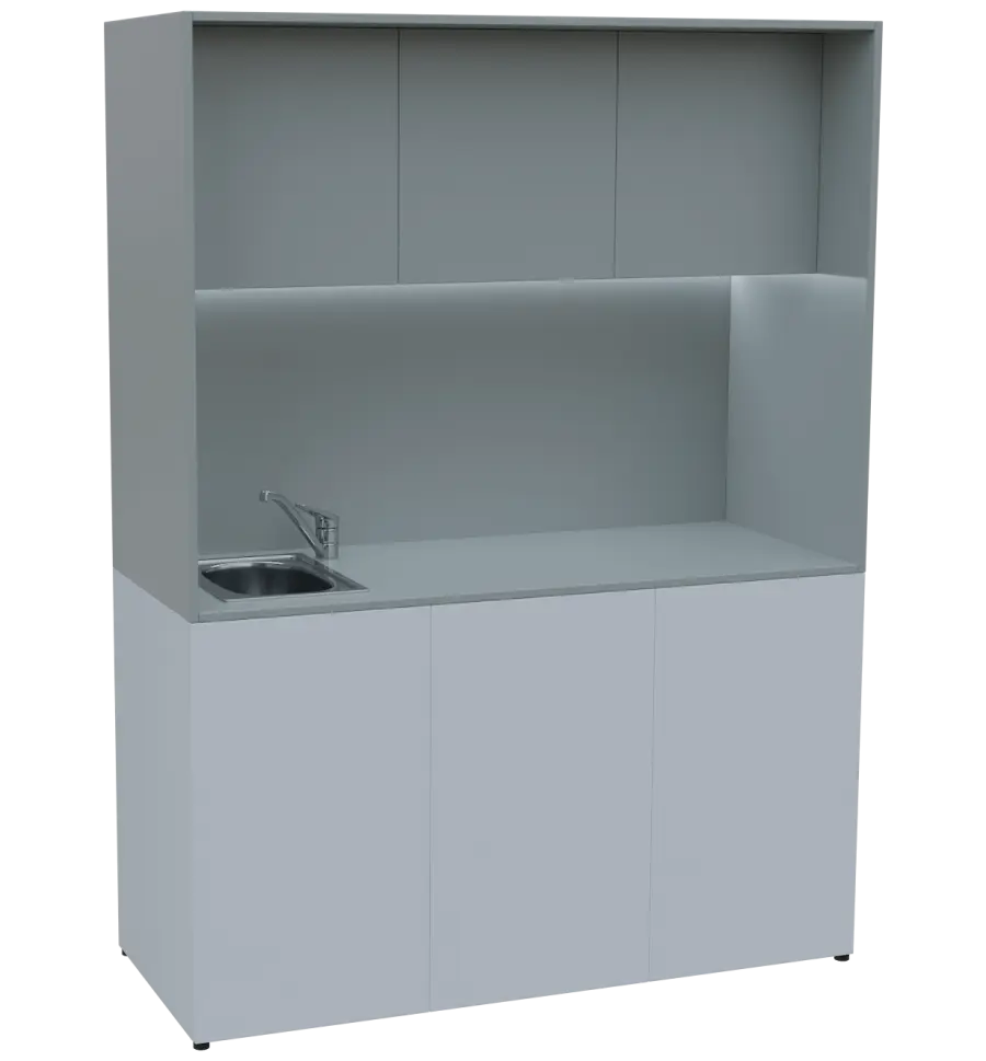 KUCH - CUBE PLUS 3 kuchyňka, vybavení - dřez + baterie + lednice, 2000x1480x600 mm, LED osvětlení, dvířka, bílá/šedá