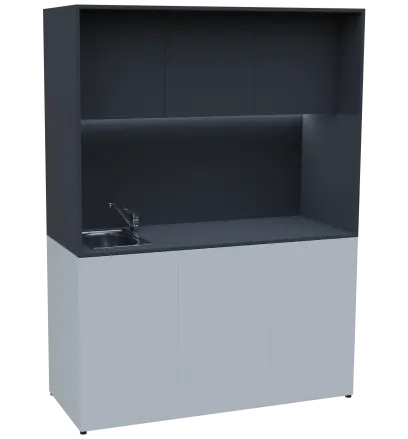 KUCH - CUBE PLUS 3 kuchyňka, vybavení - dřez + baterie + lednice, 2000x1480x600 mm, LED osvětlení, dvířka, bílá/antracit