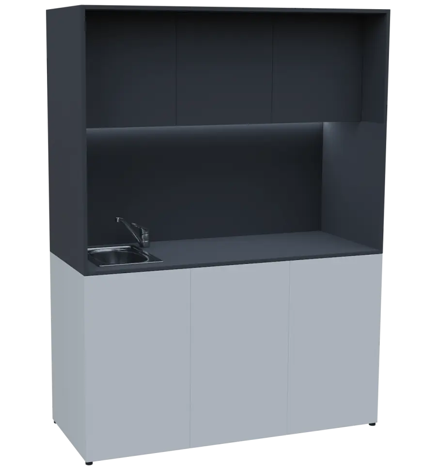 KUCH - CUBE PLUS 3 kuchyňka, vybavení - dřez + baterie + lednice, 2000x1480x600 mm, LED osvětlení, dvířka, bílá/antracit