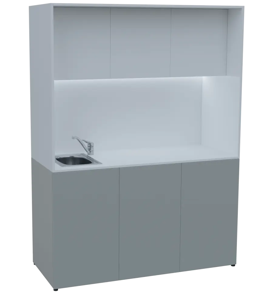 KUCH - CUBE PLUS 3 kuchyňka, vybavení - dřez + baterie + lednice, 2000x1480x600 mm, LED osvětlení, dvířka, šedá/bílá