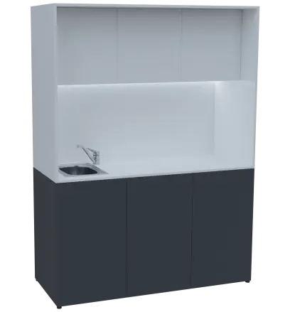 KUCH - CUBE PLUS 3 kuchyňka, vybavení - dřez + baterie + lednice, 2000x1480x600 mm, LED osvětlení, dvířka, antracit/bílá