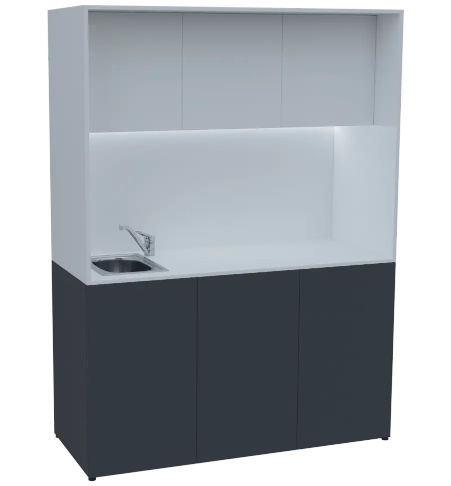 KUCH - CUBE PLUS 3 kuchyňka, vybavení - dřez + baterie + lednice, 2000x1480x600 mm, LED osvětlení, dvířka, antracit/bílá