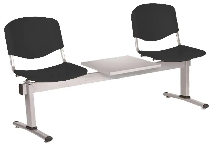 VINCENZA - 3 S, plastová lavice do čekárny, 2-sedák, stolek, černá, kostra stříbrná