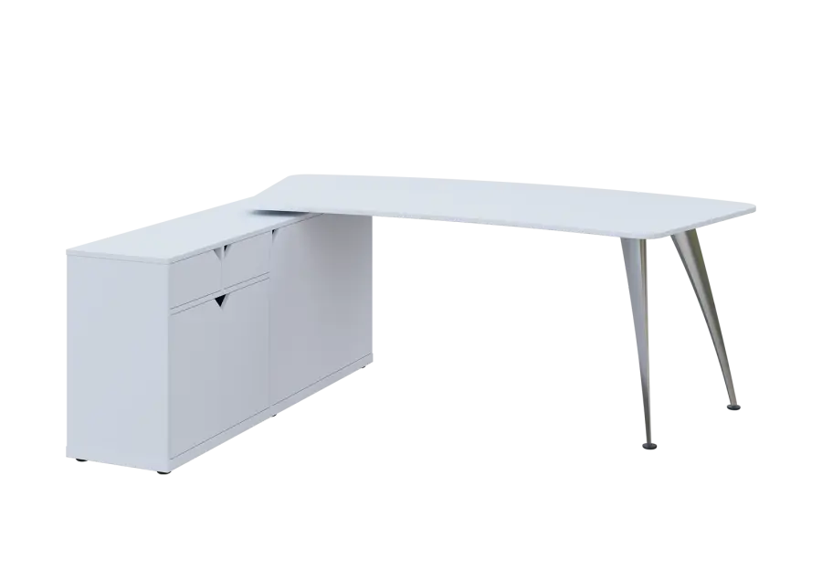 KUZR 18-20 L stůl rohový, provedení levé, úložný prostor, chromová podnož, bílá sněžná
