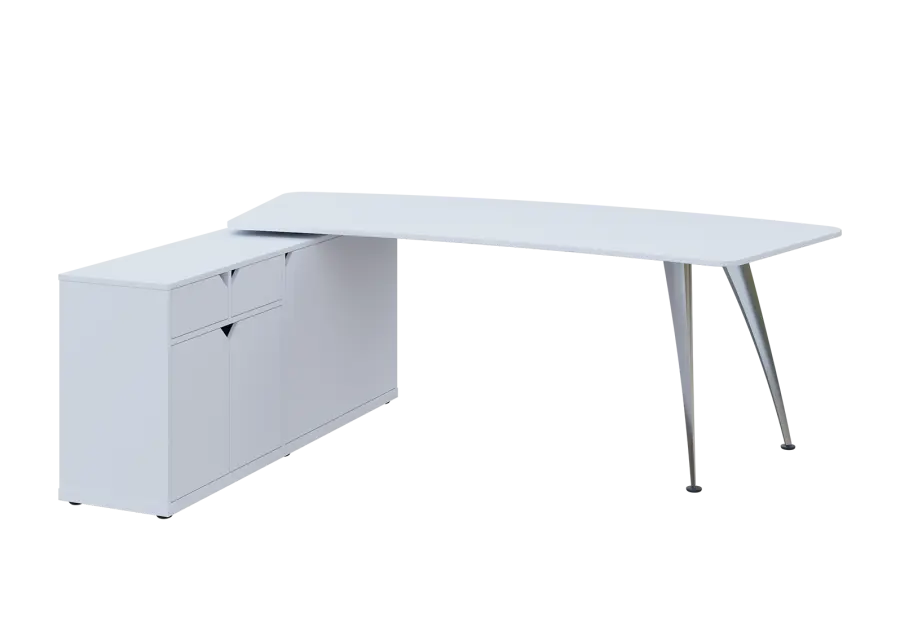KUZR 18-22 L stůl rohový, provedení levé, úložný prostor, chromová podnož, bílá sněžná