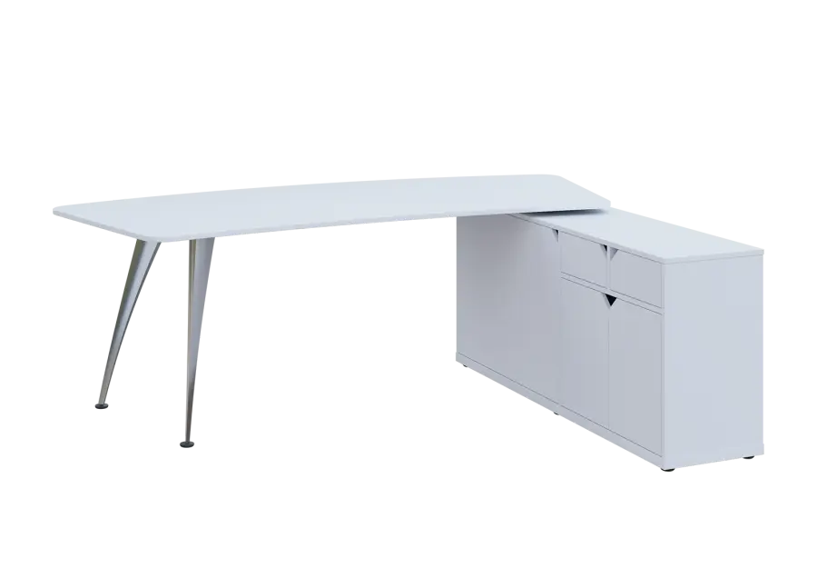 KUZR 18-22 P stůl rohový, provedení pravé, úložný prostor, chromová podnož, bílá sněžná