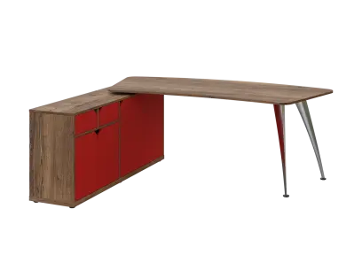 KUZR 18-20 L stůl rohový, provedení levé, úložný prostor, chromová podnož, dub halifax cínový/červená