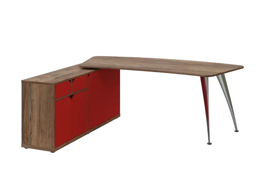 KUZR 18-20 L stůl rohový, provedení levé, úložný prostor, chromová podnož, dub halifax cínový/červená