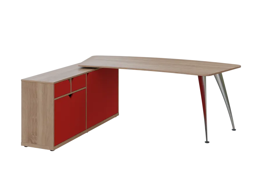 KUZR 18-20 L stůl rohový, provedení levé, úložný prostor, chromová podnož, dub bardolino/červená