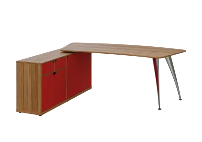 KUZR 18-20 L stůl rohový, provedení levé, úložný prostor, chromová podnož, ořech světlý/červená
