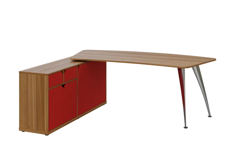 KUZR 18-20 L stůl rohový, provedení levé, úložný prostor, chromová podnož, ořech světlý/červená