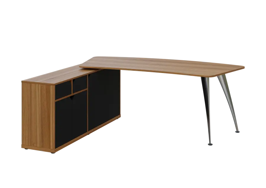 KUZR 18-20 L stůl rohový, provedení levé, úložný prostor, chromová podnož, ořech světlý/černá