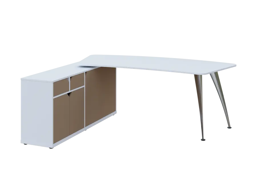 KUZR 18-20 L stůl rohový, provedení levé, úložný prostor, chromová podnož, bílá sněžná/latte