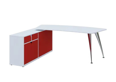 KUZR 18-20 L stůl rohový, provedení levé, úložný prostor, chromová podnož, bílá sněžná/červená